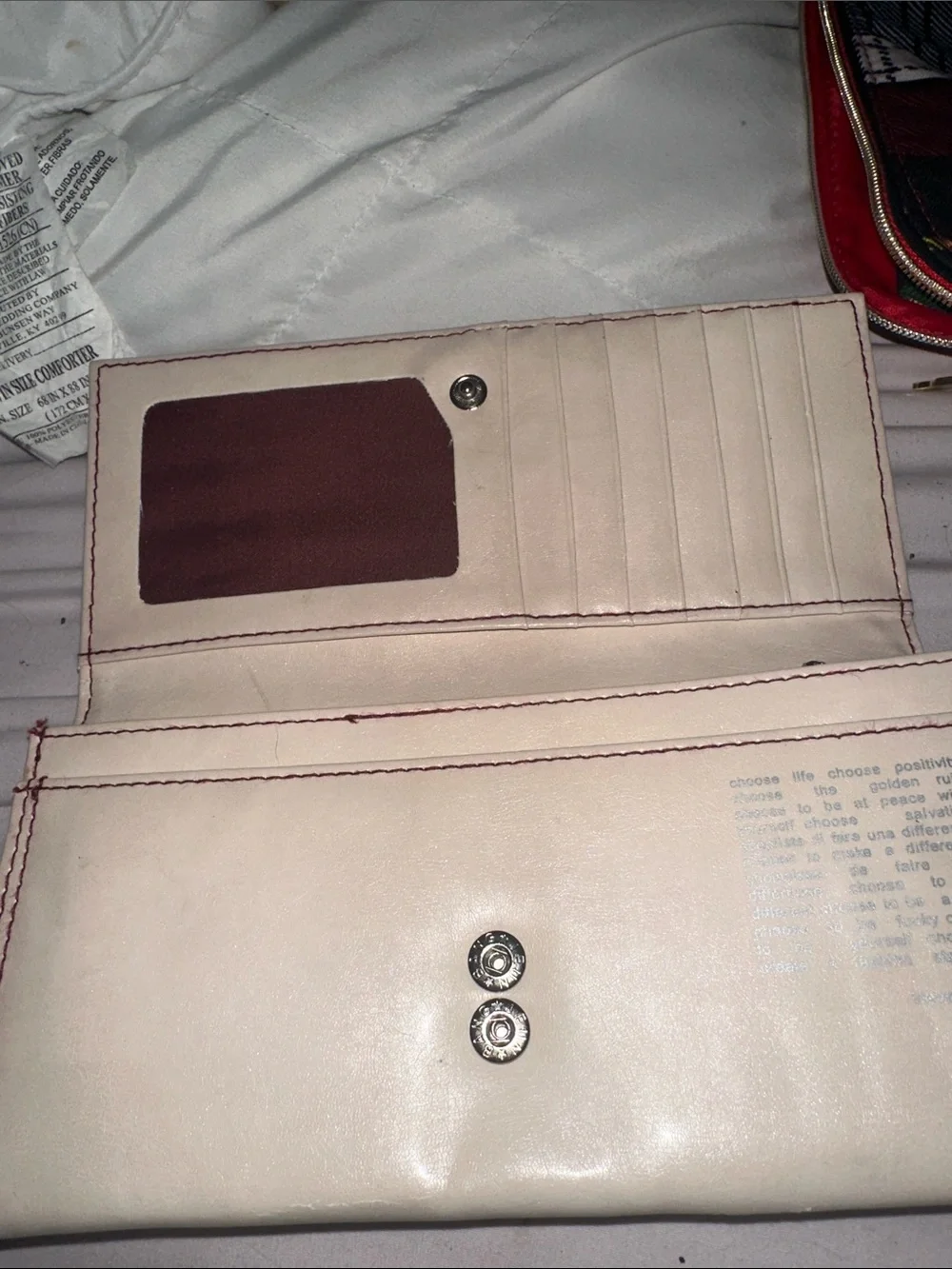 Matt & Nat Cream Long Wallet with Contrast Stitching purple vegan silver acc